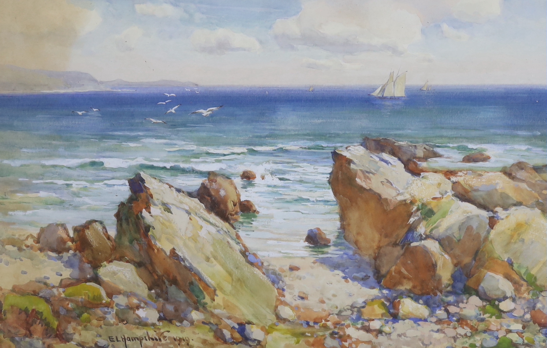 E.L. Hampshire (1919), pair of heightened watercolours, 'The Sunny Cornwall Coast' and 'Stormy Weather, on the Manx coast', 50 x 32cm
